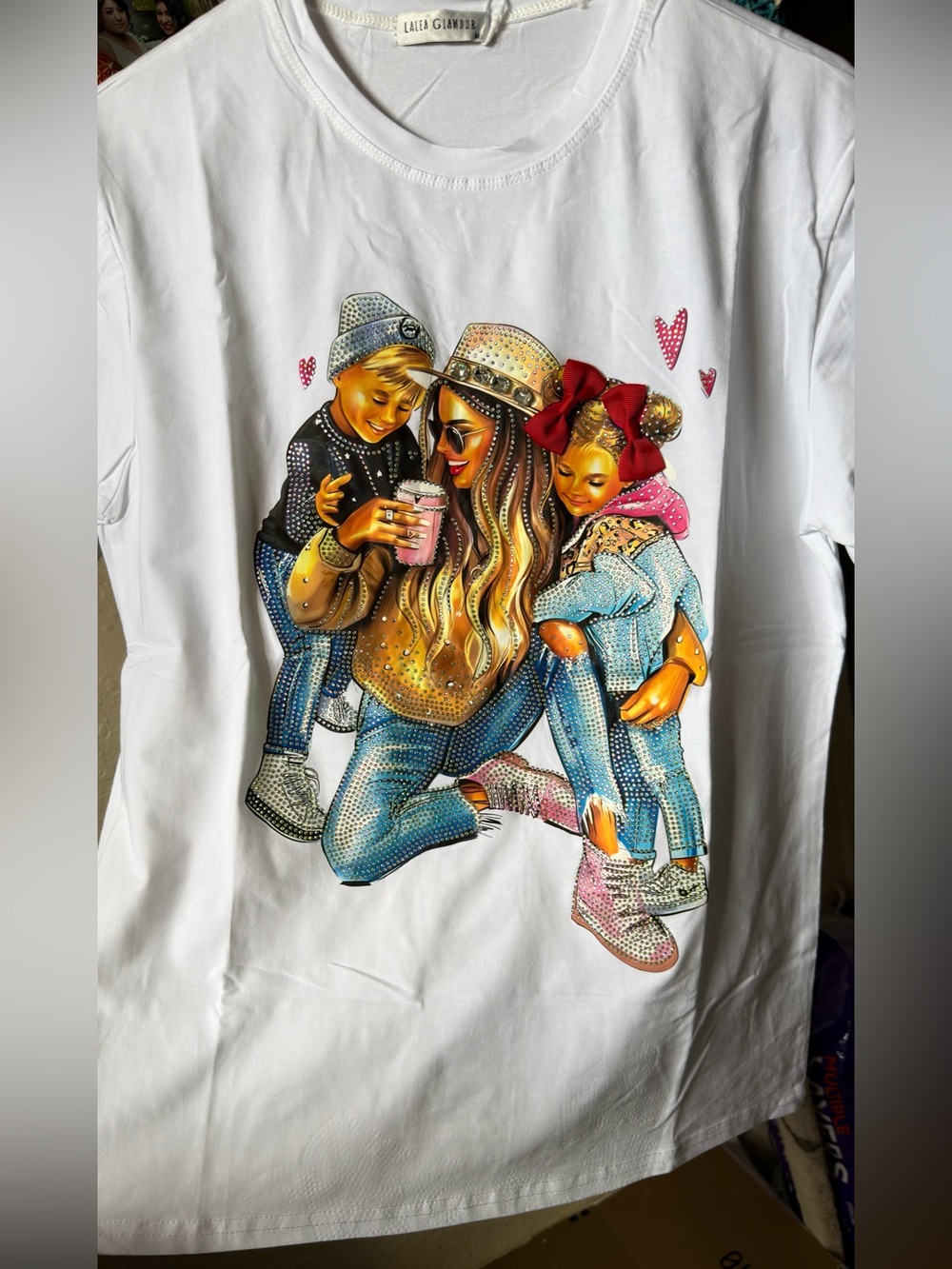 Glamour White Graphic Tee with Colorful Family Illustration